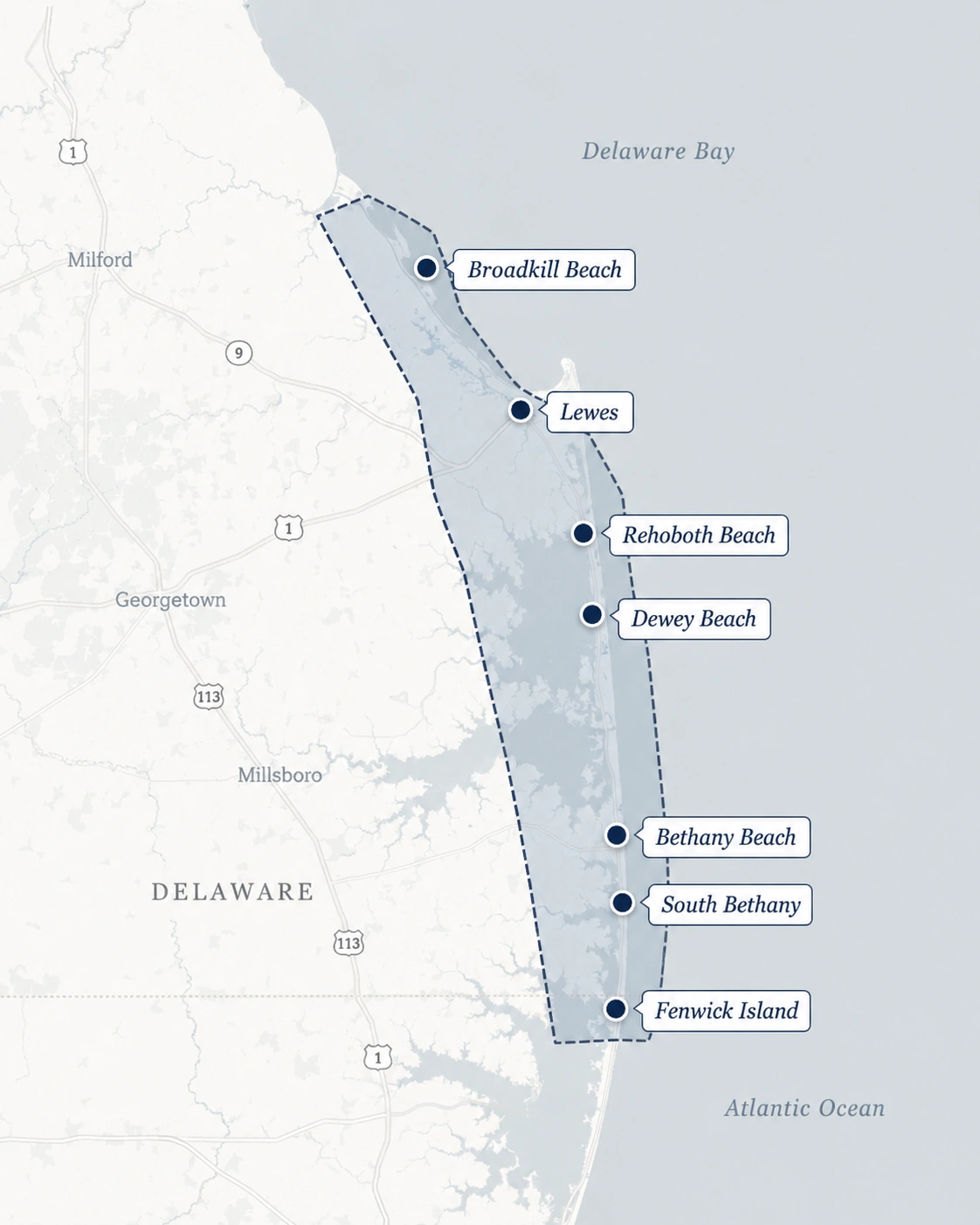 Map of Sussex County, Delaware service area covering Broadkill Beach, Lewes, Rehoboth Beach, Dewey Beach, Bethany Beach, South Bethany, and Fenwick Island.